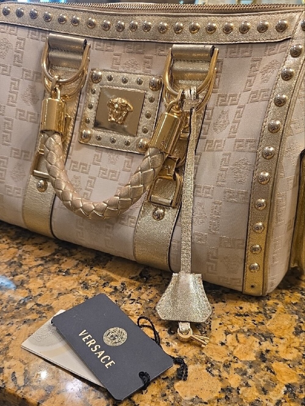 Gorgeous Versace Cream and Gold Medusa Studded Satchel with Braided Handle - Picture 16 of 16